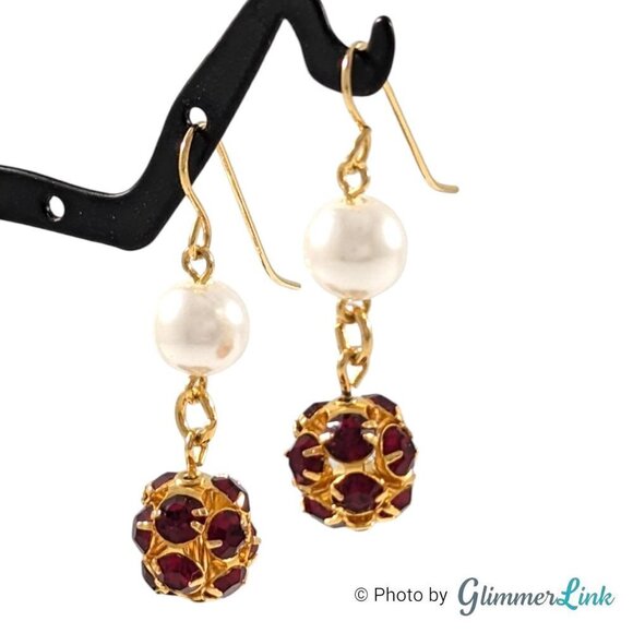 Vintage Tiered Red Rhinestone Ball Faux Pearl Gold Tone Dangle Earrings - Picture 3 of 7